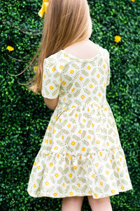Yellow Flower Short Sleeve Tiered Dress Set