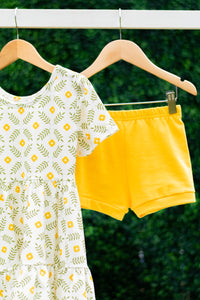 Yellow Flower Short Sleeve Tiered Dress Set